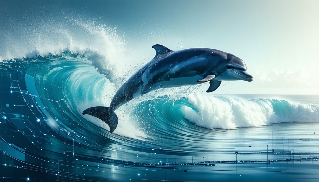An illustration of a dolphin jumping over a tech-inspired wave An illustration of a dolphin jumping over a tech-inspired wave